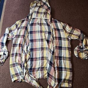 Roxy Open Front Cardigan Hoodie Plaid Size XL Pink Blue Yellow White Viscose